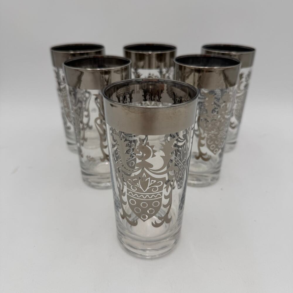 Set/6 Kimiko Highball Glasses by Guardian Service Gla Silver Knight Shield 5"